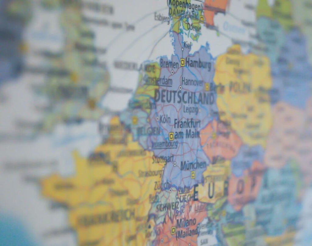 A close-up picture of a map showing European countries